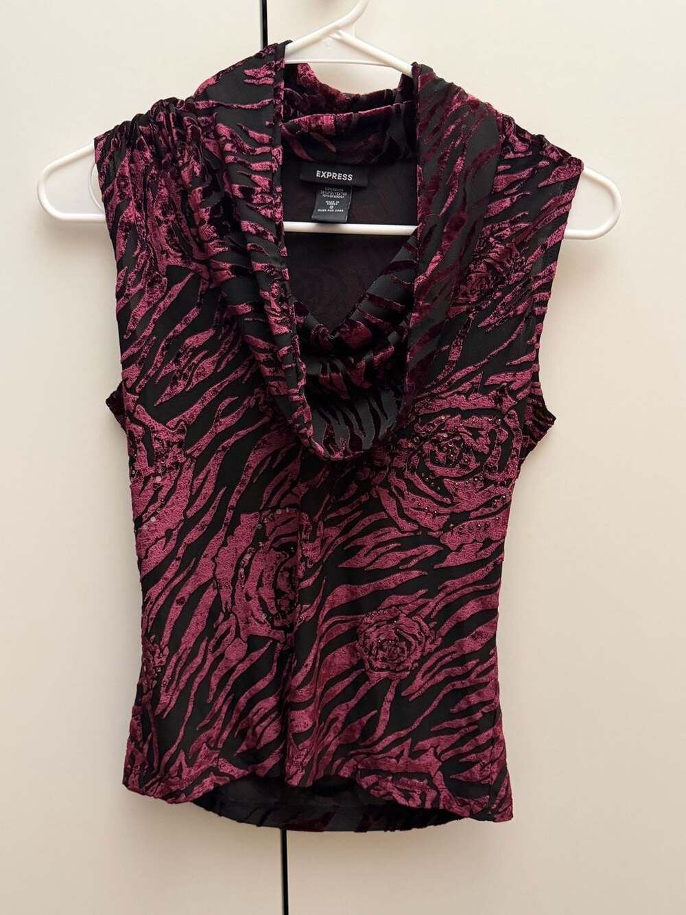 Express Cowl Neck Sleeveless Top Size S Black Burgundy Velvet Burnout